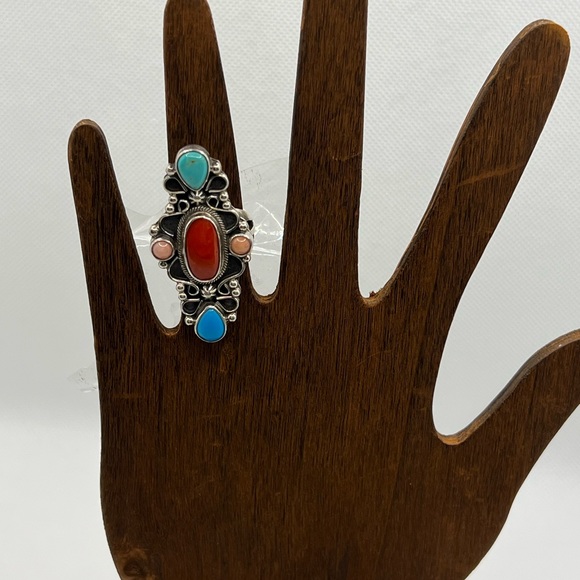 Turquoise and coral ring by Kathleen Chavez - Picture 1 of 2